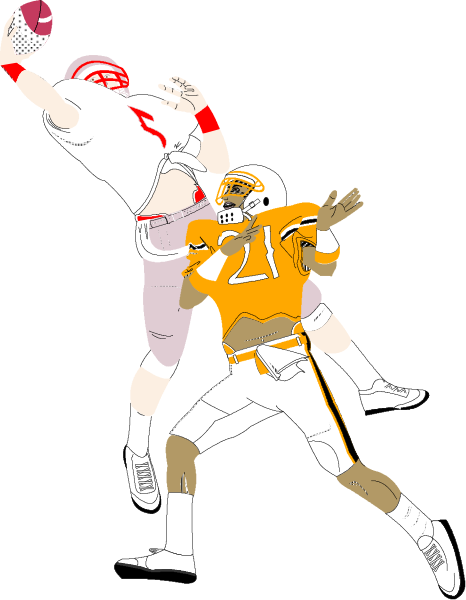 The illustration depicts two football players on a field; one player appears to be throwing an American Football while another is leaping in mid-air towards it with outstretched arms ready for reception.