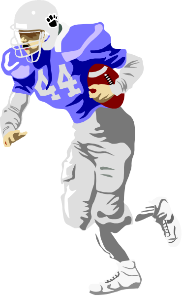 The image shows a football player running with an American Football on his left hand while wearing a blue jersey numbered 41 in white text against a gray background. He is depicted from behind as he runs forward, and there's no visible setting other than him being alone without any additional context or objects around him. The style of the image appears to be simple line art with minimal detailing his uniform and posture while running.