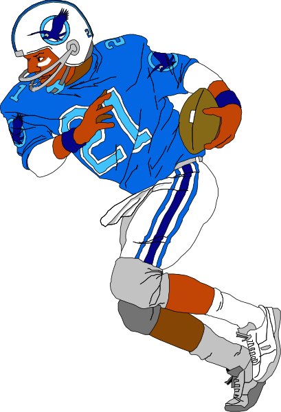 The image shows a football player wearing blue jersey with number 12 on it running forward while holding a ball under his arm in an action pose against black background. There is no text present in this clip-art illustration.
