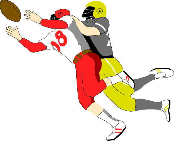 The illustration shows a football player leaping into action to catch an intercepted pass from another team's quarterback during what appears to be a game of American Football.