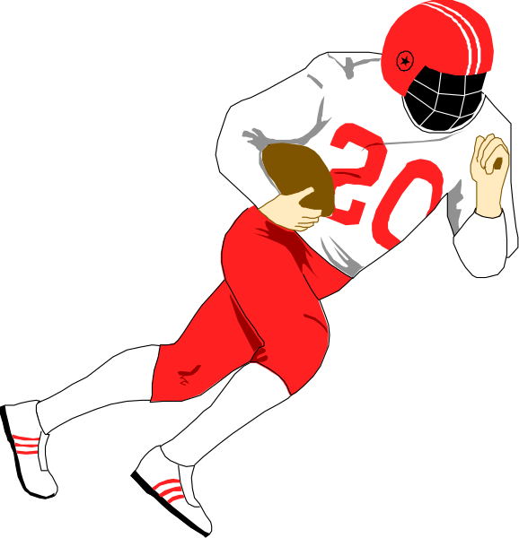 The illustration shows a football player wearing red gear with white accents running towards an end zone while holding a brown football in his right hand; he is depicted from behind against a black background.