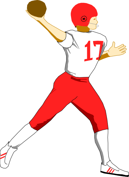 The illustration shows a male American football player wearing red jersey with white numbers on his back, holding an oval-shaped ball in one hand while running forward to throw it; he is depicted mid-motion against a black background.