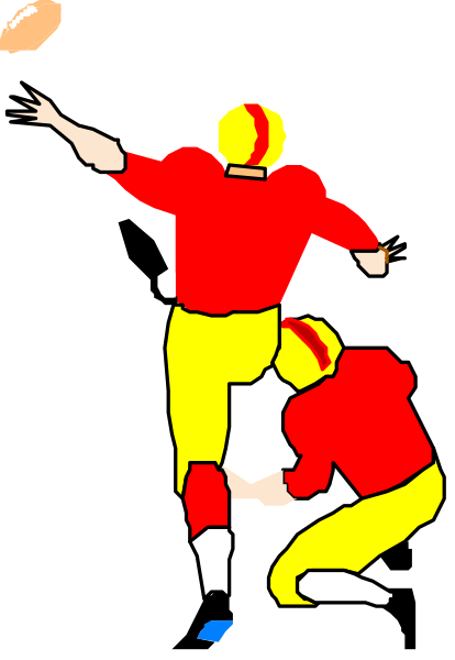 The image shows a black and white illustration of two football players on what appears to be an American Football field; both men wear red jerseys with yellow numbers and logos that resemble those commonly associated with professional sports teams, suggesting this is clip-art meant for use in various contexts.