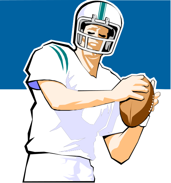 The image shows a pixelated illustration of an American football player holding onto his helmet while standing on what appears to be grass with one foot raised in front of him as if he's about to kick off, set against a blue sky background that suggests it might represent either daytime or night time.