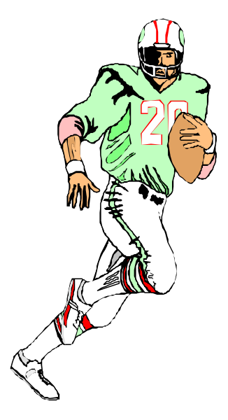 The image shows a black and white illustration of an American football player running with a ball while wearing a green jersey numbered 20. He is depicted in mid-action against a dark background that contrasts his figure, giving him prominence as he moves forward on the field. There are no other objects or people visible within this small clip art image. The focus remains solely on the athlete and his dynamic pose conveying motion through sports illustration techniques such as shading to suggest depth and perspective in a two-dimensional medium.