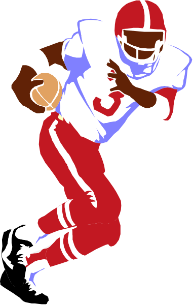 The image shows a black and white illustration of an American football player wearing red uniform with number 4 on it, in mid-action while holding onto his helmet as he runs forward towards the viewer's perspective. He is depicted against a plain background without any additional context or setting provided within this small clip art frame. The style appears to be simplistic and cartoonish rather than realistic. There are no other objects, people, animals, actions, or settings visible in this image.