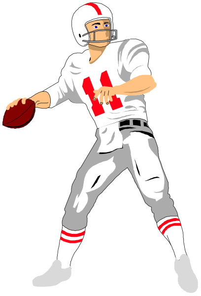 The image shows a cartoon of an American football player holding a ball while standing on what appears to be grass with his right arm extended forward in front of him as if ready for action.