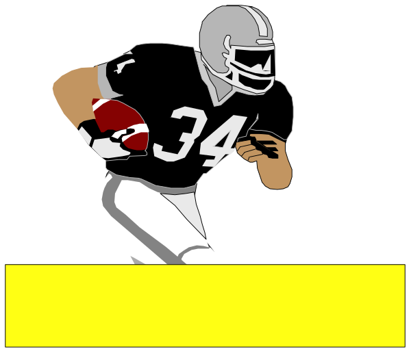 The image shows a black and white illustration of an American football player running with a ball on his arm while wearing a helmet; he is depicted in mid-action against a yellow background that has text at its bottom, which appears to be part of another graphic or design element not fully visible within the frame.