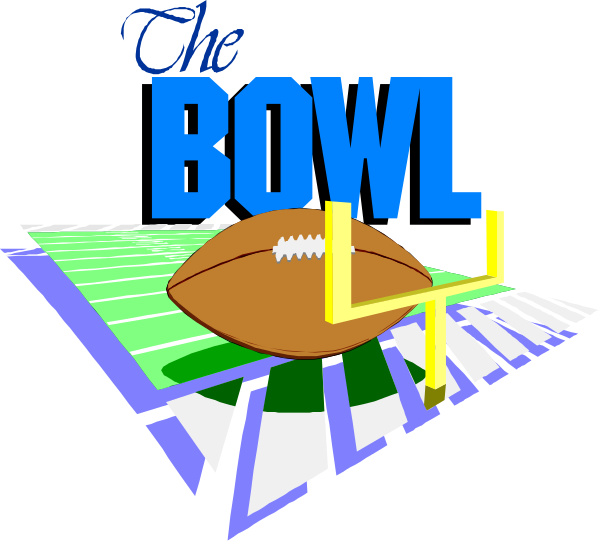 The image shows a logo with text that reads "THE BOWL" at top left corner against blue background; below it is an illustration of two footballs in mid-air overlaid on what appears to be game field lines, suggesting motion and competition between them.