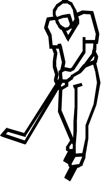 The black and white silhouette of a golfer on top right corner with golf club and ball below it.