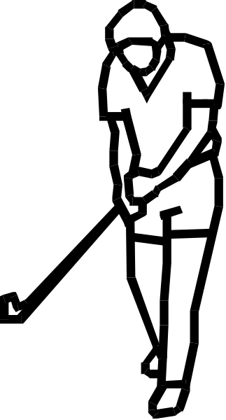 The black and white silhouette of a golfer on top right corner against dark background with stripes pattern across bottom half.