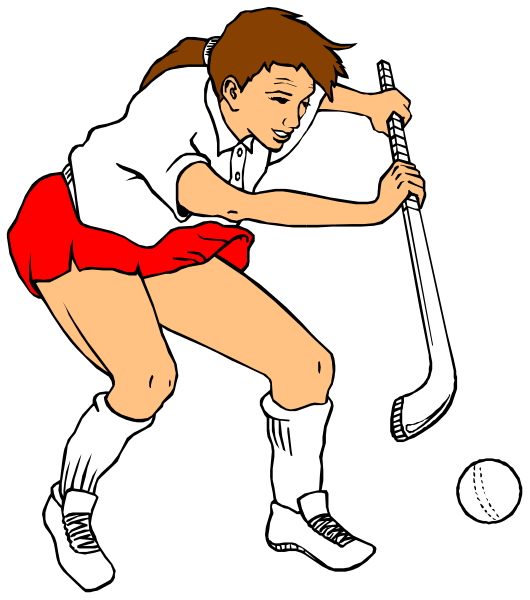 The illustration depicts a female figure playing field hockey with her right hand on top of an orange ball while holding a stick in both hands behind her back; she is wearing shorts and has short hair.