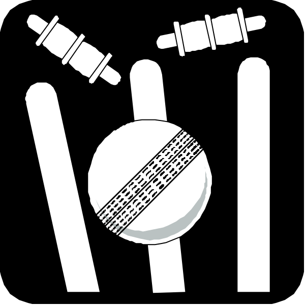 The black and white icon depicts a cricket set with stumps, bails, wickets, pads, gloves, helmet, bat, ball, shoes, and other accessories associated with playing cricket.