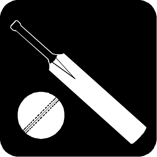 The black and white illustration shows a cricket bat with its blade pointing upwards to the left side of the frame, next to an image of two stumps on top of each other in front of it, which is typical for a wicket setup; beside these items there's also a small round object that resembles a ball.