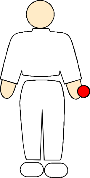 The image shows a black and white line drawing of an animated character who appears to be male with exaggerated features such as large eyes and hands holding what looks like a red ball in one hand while standing on two legs, wearing shorts and shoes; he is depicted against a dark background that transitions from gray at the top left corner.