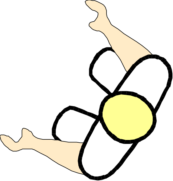 The first frame shows a person lying on their back with hands clasped behind them; the second frame is rotated 180 degrees to show an upside-down view of the same pose from above, now showing feet where head was and vice versa. Both frames are black & white line drawings without any additional context or background details provided in this image snippet. There's no text present within these two images. The style is simple cartoon illustration with minimal detailing to convey a concept of rotation through the sequence shown herein.