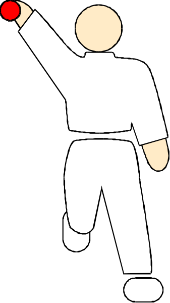 The image shows a black and white line drawing of an animated character who appears to be playing baseball with his right hand extended towards a red ball in mid-air above him; he is wearing shorts and has one leg raised as if stepping forward, suggesting movement.