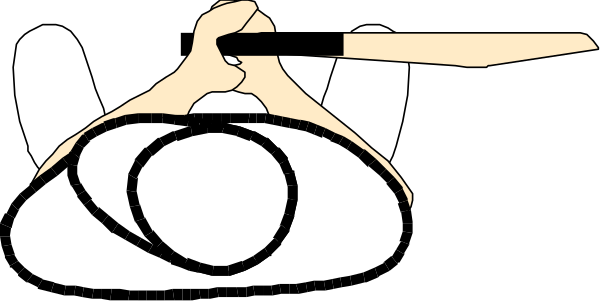 The image shows a black and white cartoon of an animated character sitting on top of another figure that appears to be lying down with their hands behind them in frontal view; there is no text present within this small clip-art image, focusing solely on these two characters without any additional context or background details.