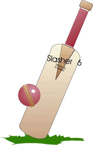 The image shows a cricket bat with red handle resting on top of two wooden bats crossed over each other against a black background; there is also an illustration of a pink ball in front of them.