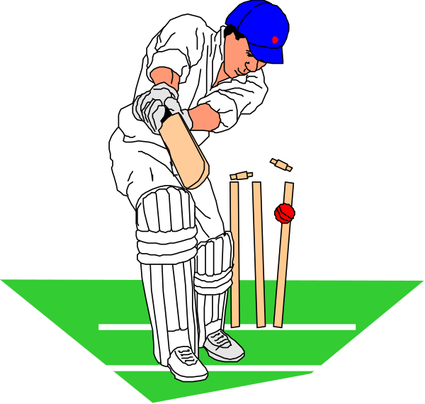 The illustration depicts a male cricket player on a field holding two bats with his hands crossed over each other while standing in front of three stumps; he is wearing white attire typical for cricketers, including pads and gloves.