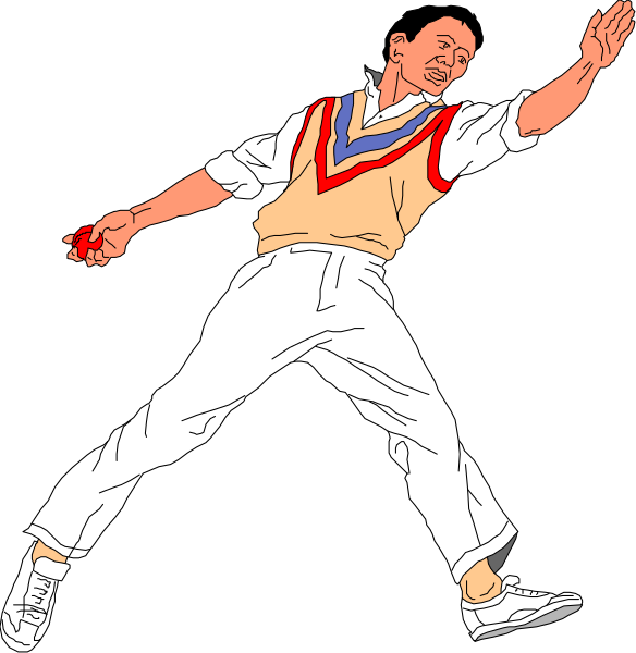 The image shows a cartoon of an animated man playing cricket with his right hand while wearing white pants, black shoes, and holding a red ball in his left hand; he is standing on one leg against a dark background.