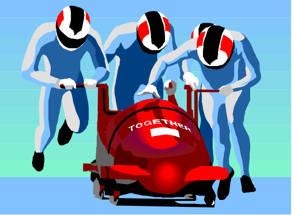 The image shows three men dressed as astronauts pushing a red vehicle that resembles an ice cream truck with wheels on it across what appears to be water; one man is in front of the others, and all have helmets.