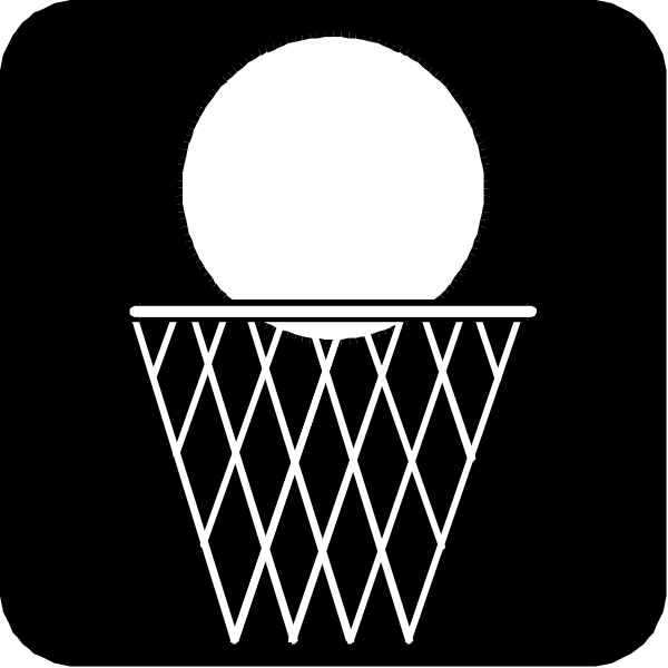 The black and white illustration shows a basketball hoop with an orange ball inside it against a dark background.