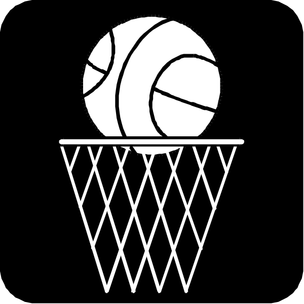 The black and white logo features a basketball with two panels on either side of it inside an open basket net against a dark background.