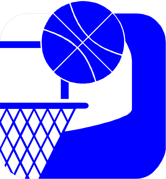 The image shows a stylized graphic of an iconic basketball hoop with a ball above it on its right side, set against a white background; to the left is a small blue silhouette resembling a person's head and shoulders wearing glasses, suggesting they are watching or observing.