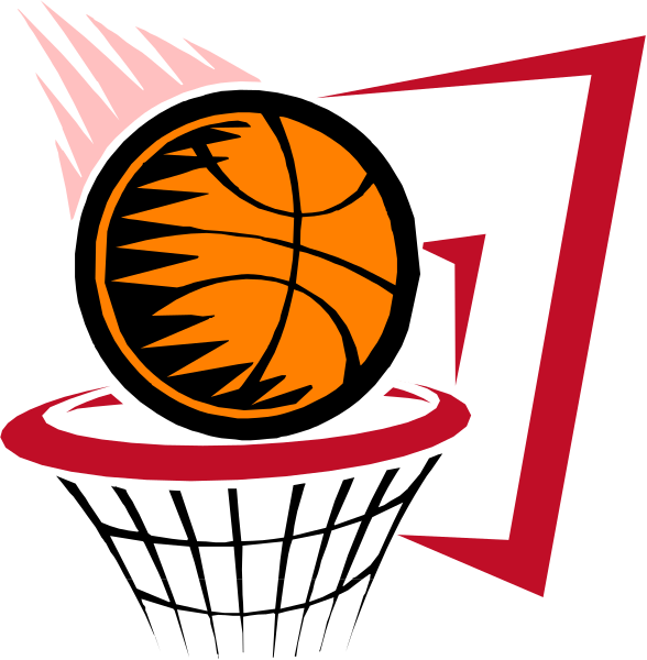 The image shows a black silhouette of an orange basketball with white lines indicating its shape against a red background on top left corner; below it is another identical but smaller version in bottom right corner.