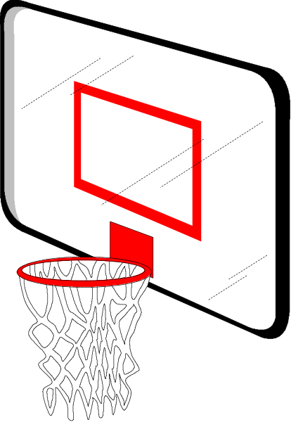 The image shows a basketball hoop with an orange ball inside it next to what appears to be a TV screen displaying red text on black background.