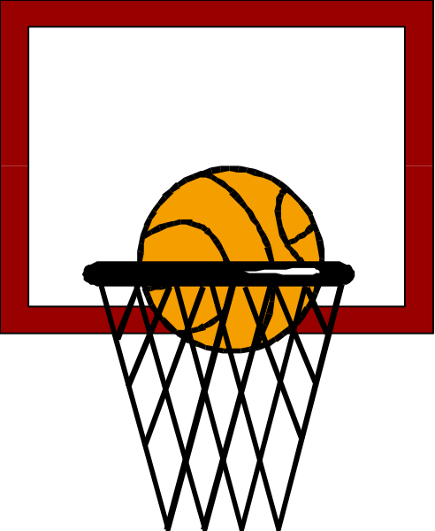 The image shows a black silhouette of an indoor basketball court with a red hoop on top right corner against white background; there is no ball in play as indicated by absence of any player figures within it, and only one small detail resembling a person's head can be seen at the bottom left.
