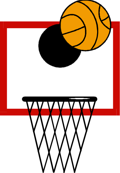 The image shows a black and white illustration of an indoor basketball hoop with a ball above it on top of what appears to be a scoreboard background featuring red stripes at either end.