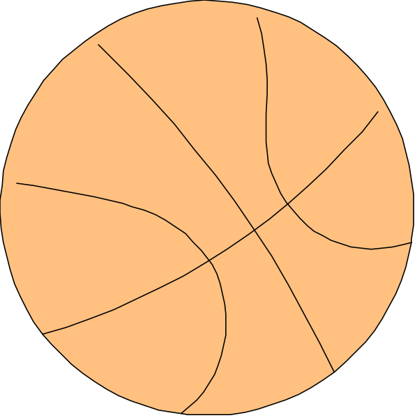 The images show two different representations of a basketball with its segments connected to form an unbroken circle: on top is a black-and-white line drawing; below it is a colored version in shades of orange and white, resembling a stylized sun or moon shape around the ball.