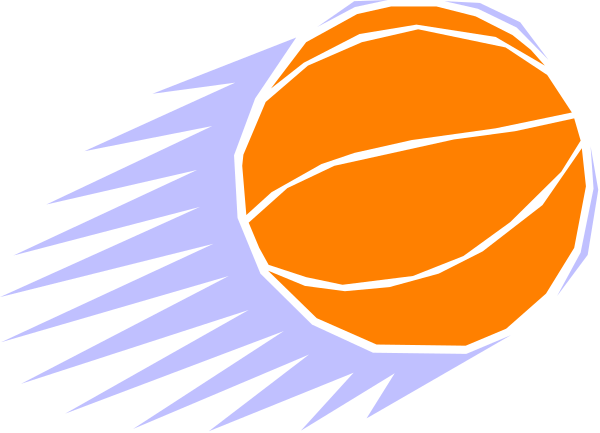 The image shows a basketball with lines radiating from it against an orange background on top of which is a black silhouette of what appears to be a sunset skyline.
