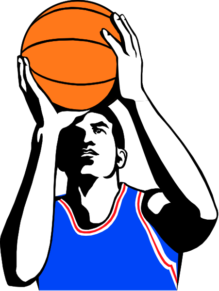 The image shows a black and white illustration of an athlete holding a basketball with both hands at chest level while looking upwards towards it as if ready to shoot.