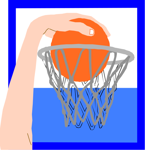The image shows a hand holding an orange basketball with white lines representing netting over it against a blue background that resembles water; there is also text at bottom right corner of picture which reads "THIS IS A CLIP ART IMAGE."