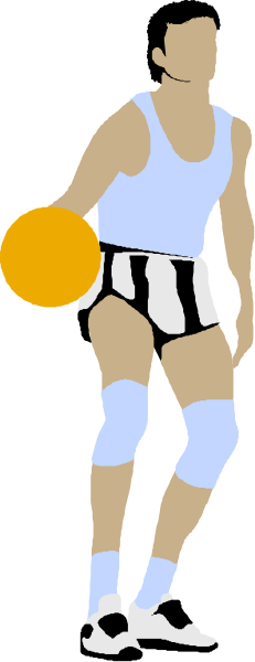 The image shows a black and white illustration of an athlete holding two basketballs while standing on what appears to be a court with lines marking boundaries for play.