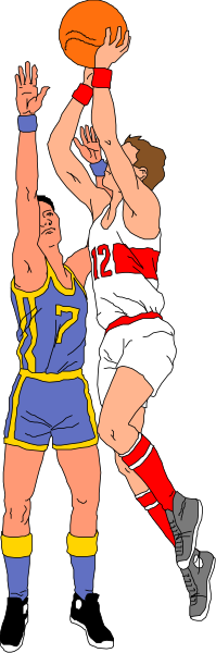 The image shows a basketball player shooting at an opposing team's hoop with another player guarding him during what appears to be a game of professional basketball in front of spectators.