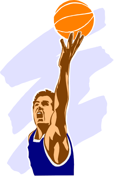 The image shows a man jumping to catch an orange basketball with his right hand while wearing shorts; he is set against a blue background that has white lines forming abstract shapes on either side of him.