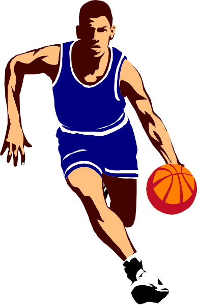 The image shows a man playing basketball on an outdoor court with his right hand holding onto a red ball while he is running towards it in mid-air.