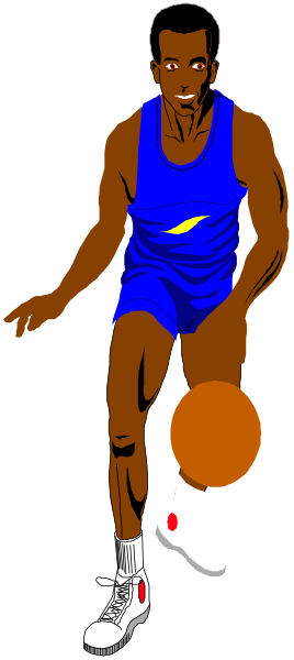 The image shows a man playing basketball; he's wearing shorts with an emblem on them that resembles a bird in flight above three stars.