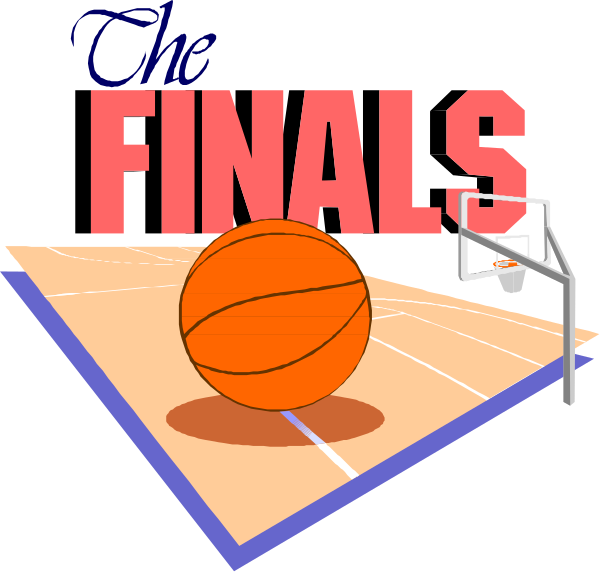 The image features a basketball hoop with an orange ball on it inside what appears to be a court boundary line graphic, set against a dark background; above this is text that reads "THE FINALS" in bold white letters and below it, smaller red lettering spelling out the word "FINALLY."