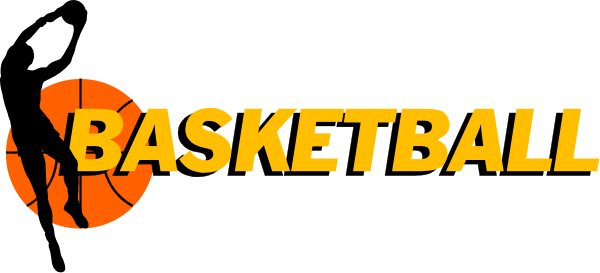 The image shows a logo with text that reads "BASKETBALL" on it against an orange background featuring silhouettes of basketball players in action poses.