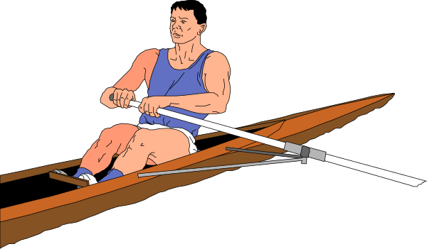 The image shows a man sitting on an oar inside of a rowboat with his hands gripping it tightly while he is in motion through water.
