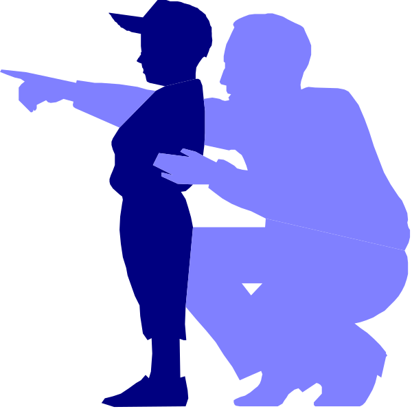 The image shows a black silhouette of an adult pointing to their left with both hands raised above shoulder level while standing next to another figure who appears to be a child also looking in that direction.