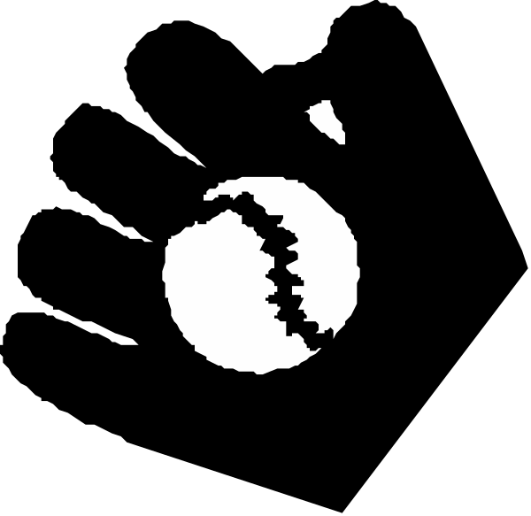 The black and white logo of a baseball with stitches on it against a dark background.