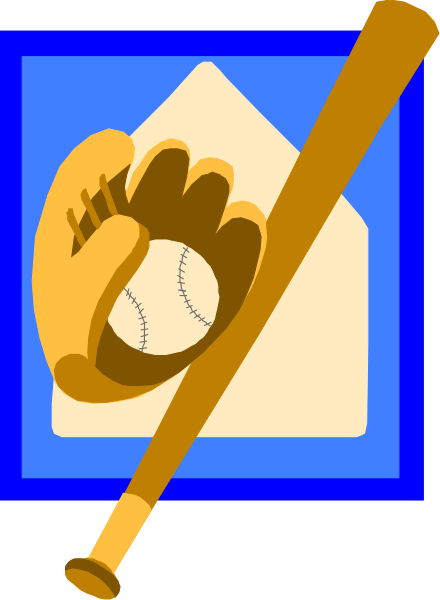 The image shows a baseball bat on top of an open book with pages facing upwards; there is also a glove symbolizing catcher's mitt next to it in front view.