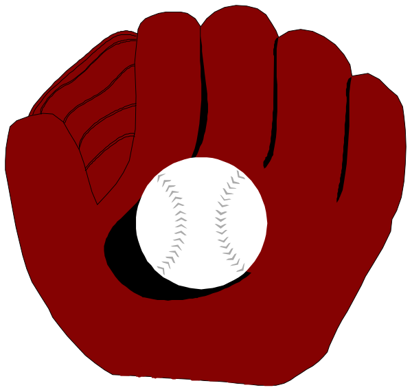 The image shows a baseball glove with an emblem of a ball on it inside what appears to be a red mitt against a black background; there is no text present in this clip-art illustration.