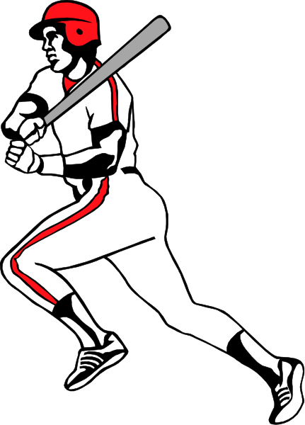 The image shows a black and white illustration of an athlete running with baseball equipment; he is wearing red shorts and has one foot off the ground while holding onto his cap in mid-stride against a dark background, suggesting motion.